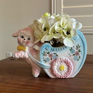 Vtg Lamb Baby Buggy Nursery Planter 4.75x7.5" Blue/Pink-Flowers Inarco Japan